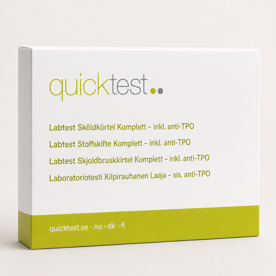 Skjoldbruskkjerteltest Stor - TSH, fT3, fT4 & TPO - Quicktest laboratorietest, emballasje