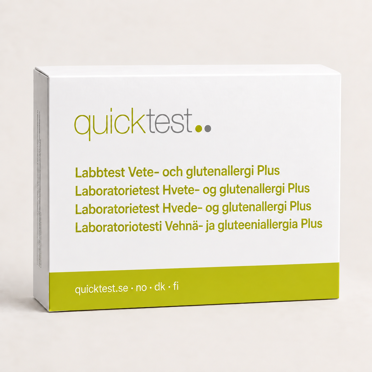 Quicktest Vete- och glutenallergi Plus – förpackning för allergilabbtest med provtagning hemma, på svenska, norska, danska och finska