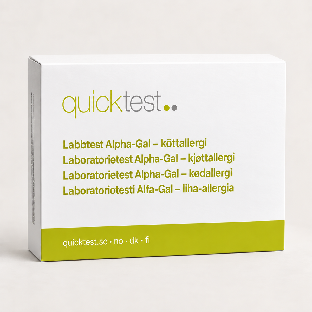 Quicktest Alpha-Gal – köttallergi – förpackning för allergilabbtest med provtagning hemma, på svenska, norska, danska och finska