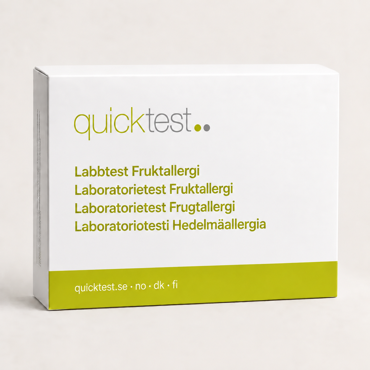Quicktest Fruktallergi – förpackning för allergilabbtest med provtagning hemma, på svenska, norska, danska och finska