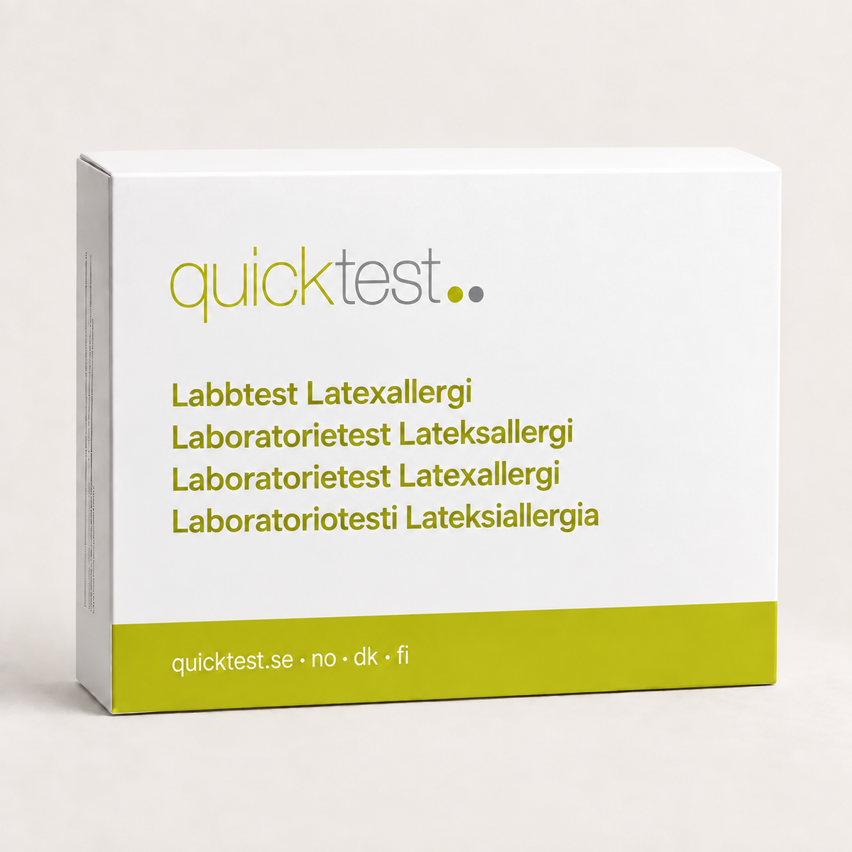 Quicktest Latexallergi – förpackning för allergilabbtest med provtagning hemma, på svenska, norska, danska och finska
