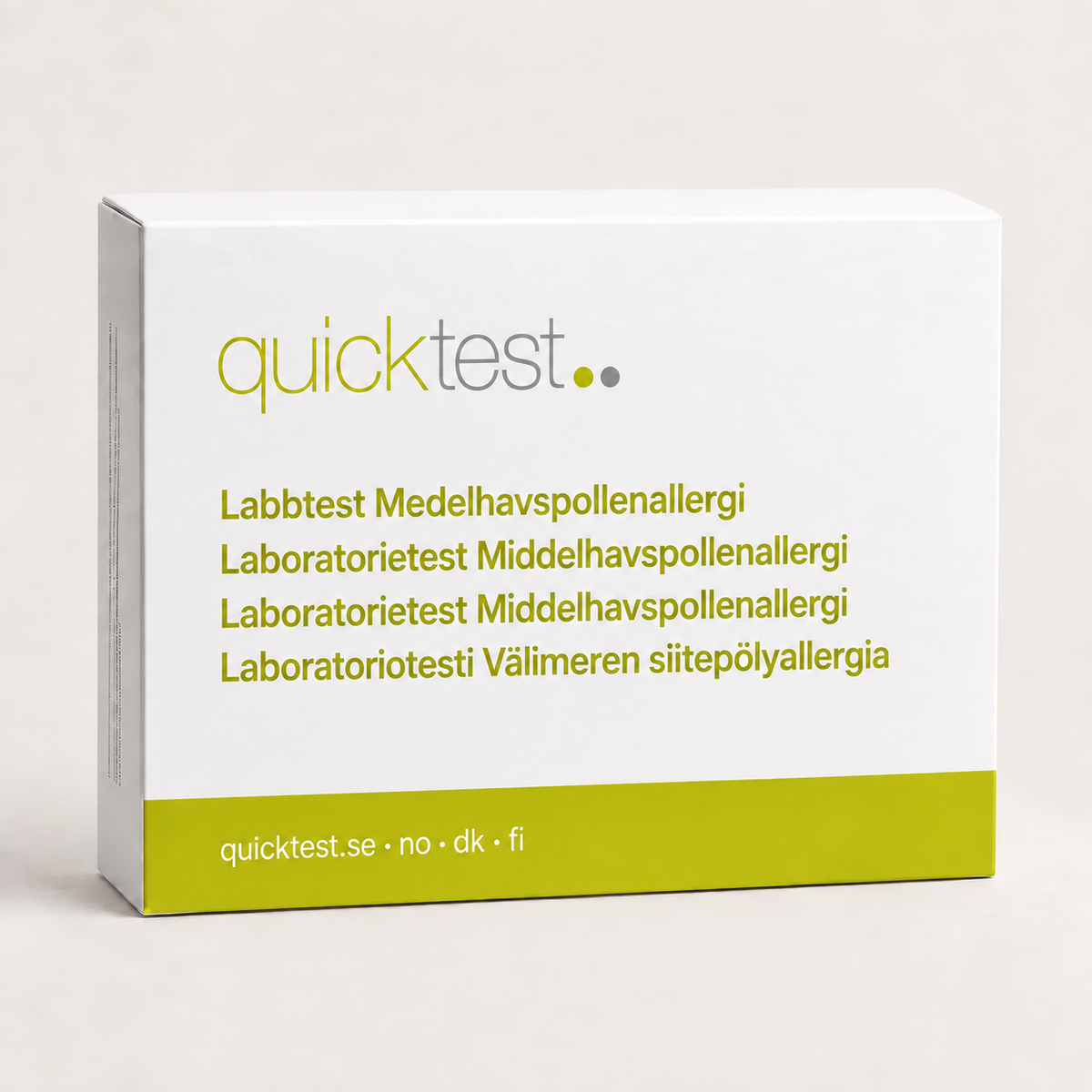 Quicktest Medelhavspollenallergi – förpackning för allergilabbtest med provtagning hemma, på svenska, norska, danska och finska