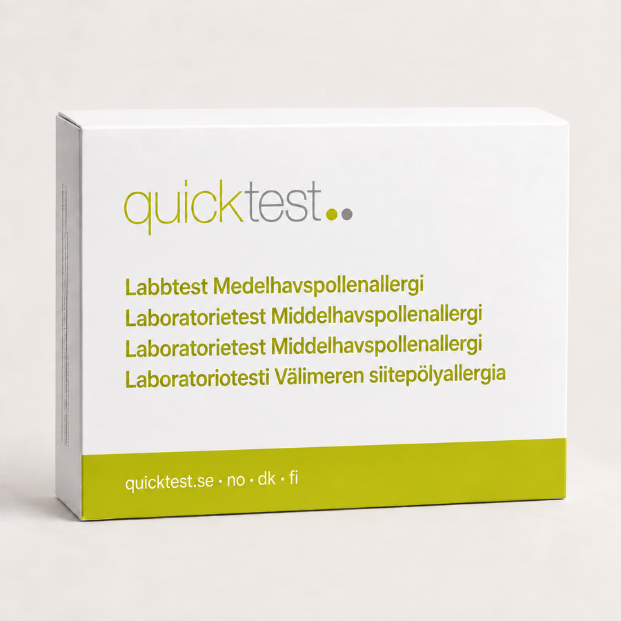 Quicktest Medelhavspollenallergi – förpackning för allergilabbtest med provtagning hemma, på svenska, norska, danska och finska