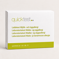 Quicktest Mjölk- och äggallergi – förpackning för allergilabbtest med provtagning hemma, på svenska, norska, danska och finska