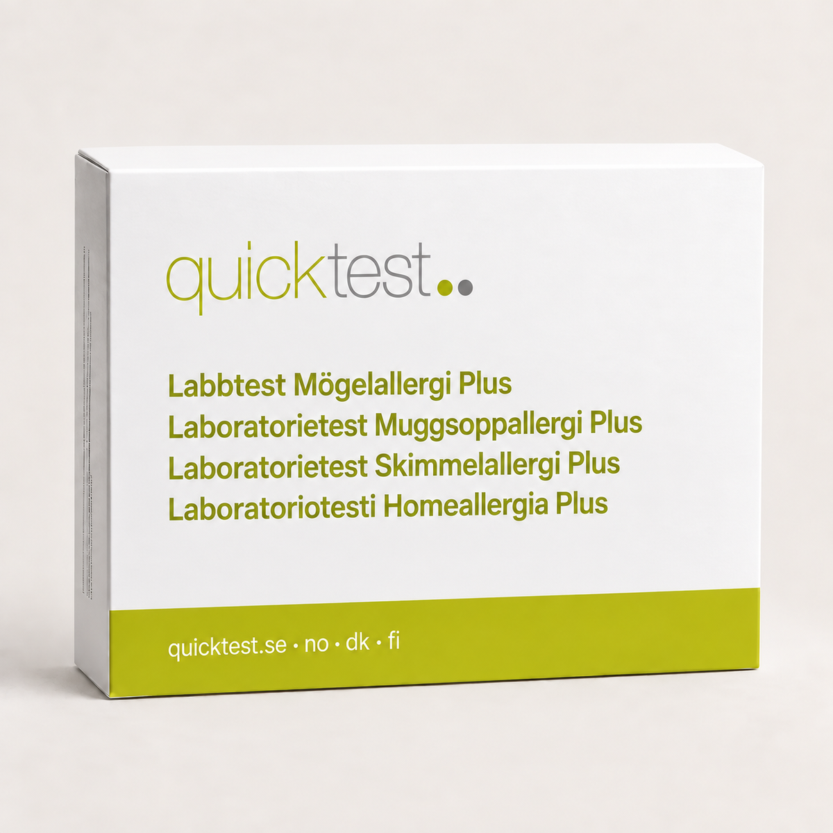 Quicktest Mögelallergi Plus – förpackning för allergilabbtest med provtagning hemma, på svenska, norska, danska och finska