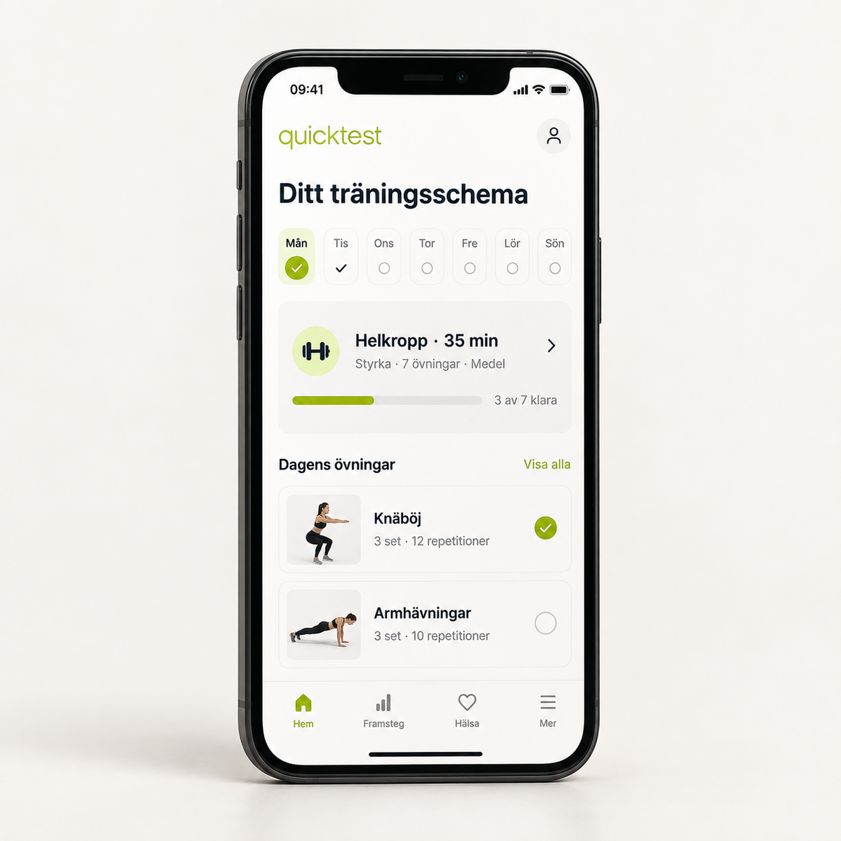 Personlig treningsplan i Quicktest Helseportal vist på en iPhone