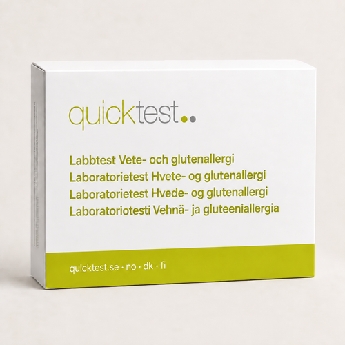 Quicktest Vete- och glutenallergi – förpackning för allergilabbtest med provtagning hemma, på svenska, norska, danska och finska