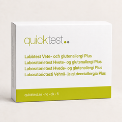 Quicktest Vete- och glutenallergi Plus – förpackning för allergilabbtest med provtagning hemma, på svenska, norska, danska och finska